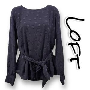 Loft Floral Swiss Dot Tie Blouse  Light Weight Navy Blue Womens Size Small